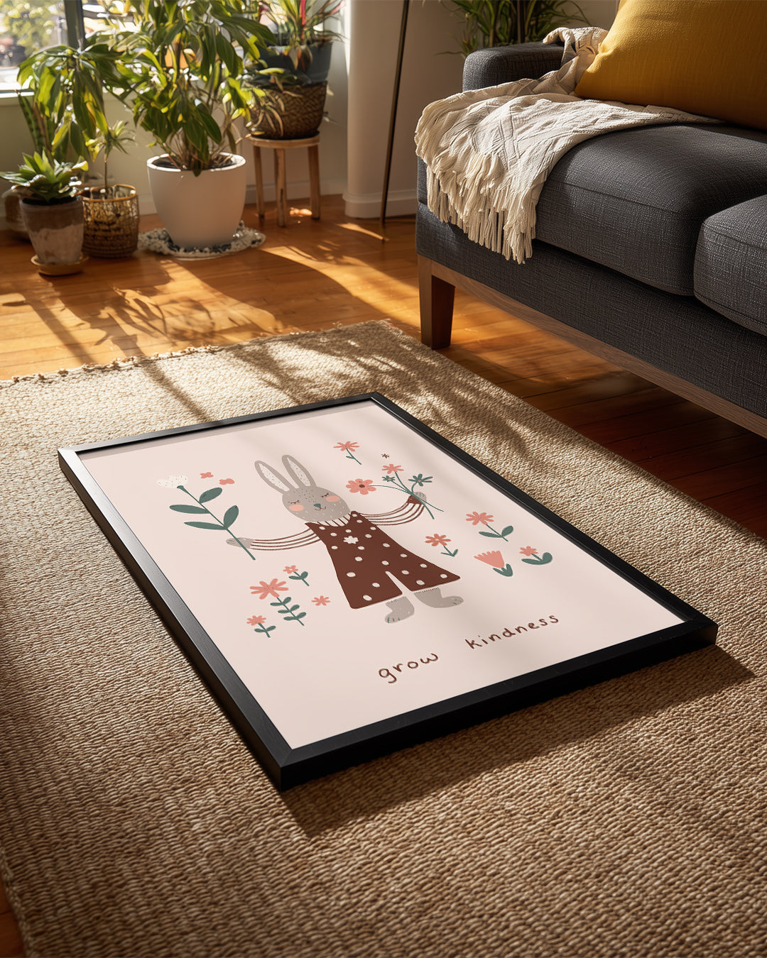 Kedi Çiçek Süslemesi - Sevgi Dolu Tavşan İllüstrasyonu Poster Tablosu