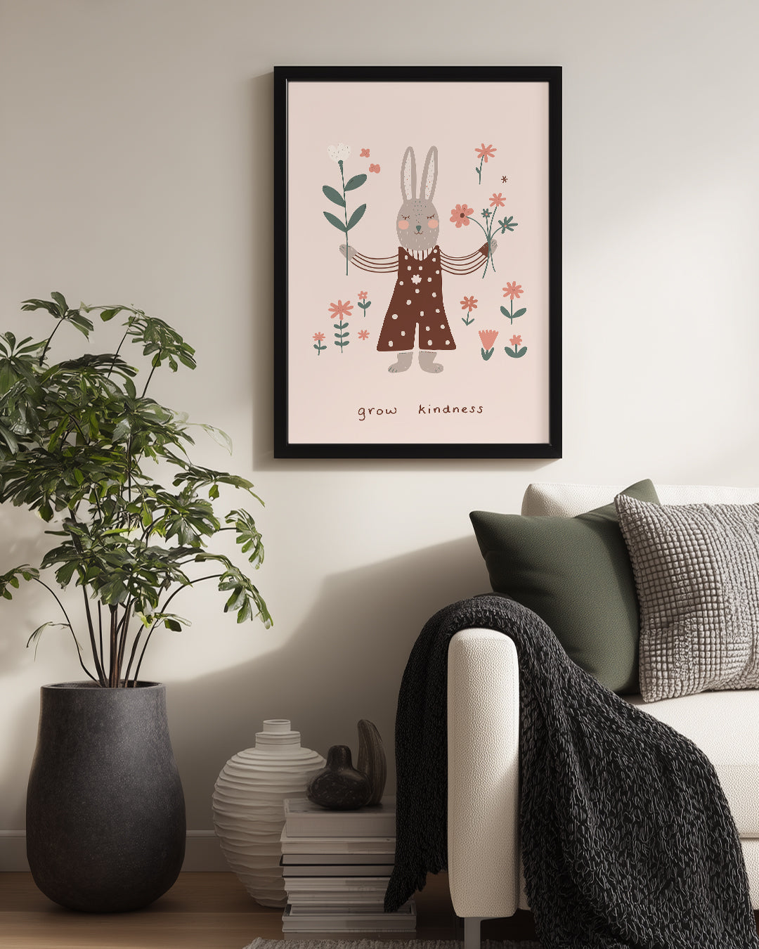 Kedi Çiçek Süslemesi - Sevgi Dolu Tavşan İllüstrasyonu Poster Tablosu