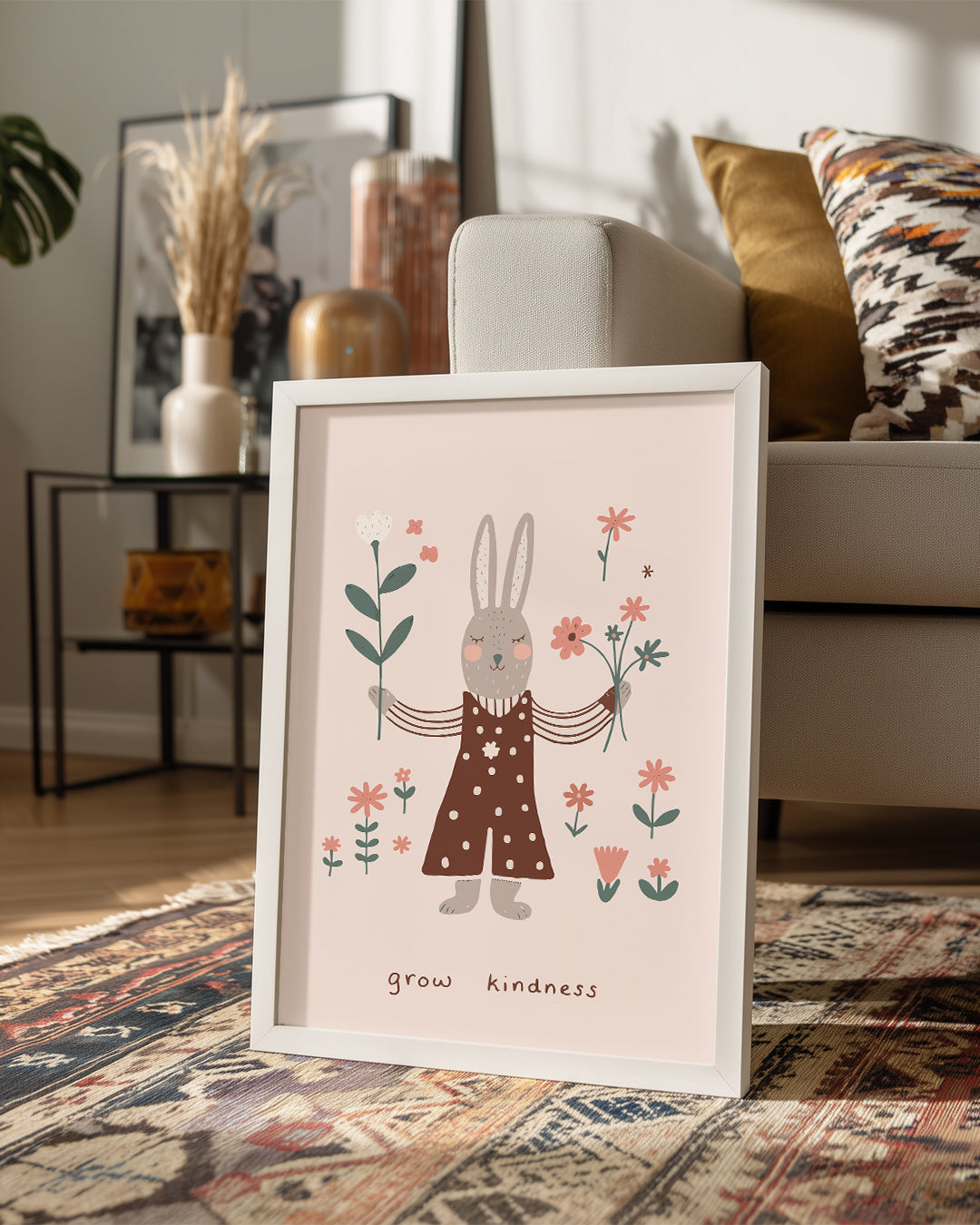Kedi Çiçek Süslemesi - Sevgi Dolu Tavşan İllüstrasyonu Poster Tablosu