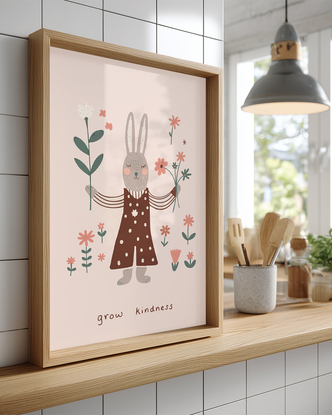 Kedi Çiçek Süslemesi - Sevgi Dolu Tavşan İllüstrasyonu Poster Tablosu