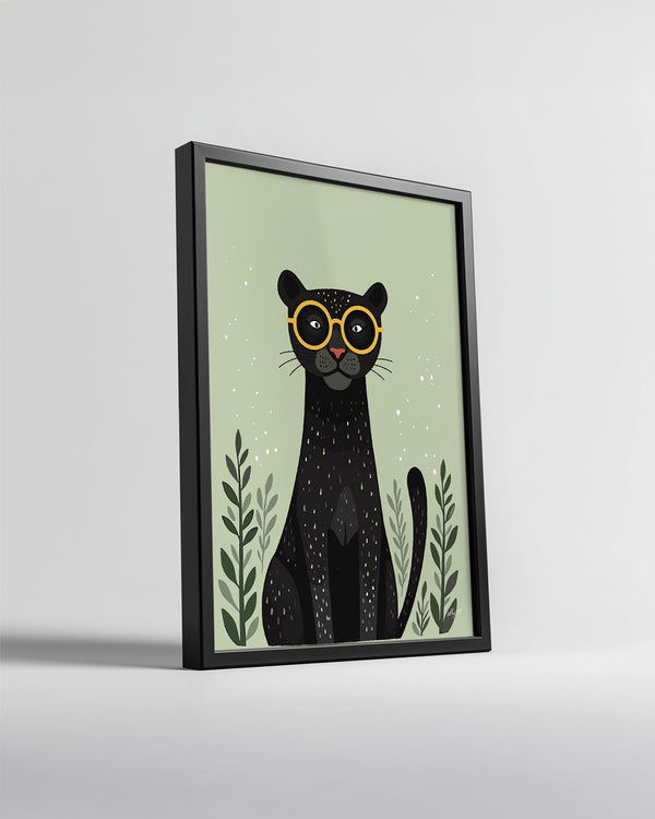 Kedi Gözlükleriyle - Şık Siyah Panter İllüstrasyonu Poster Tablosu