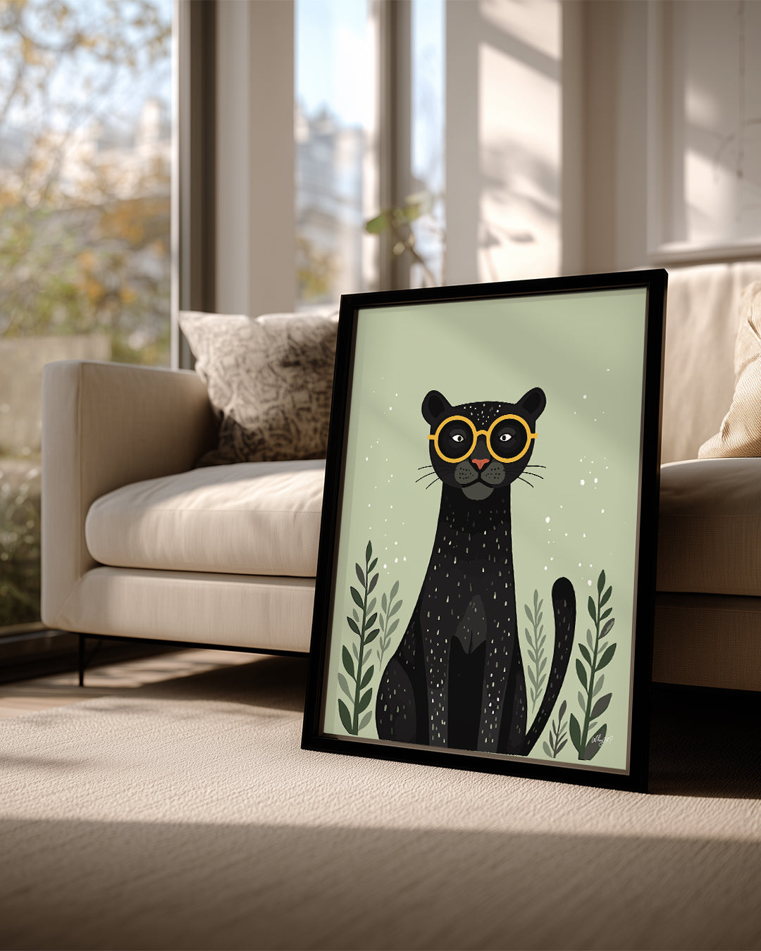 Kedi Gözlükleriyle - Şık Siyah Panter İllüstrasyonu Poster Tablosu