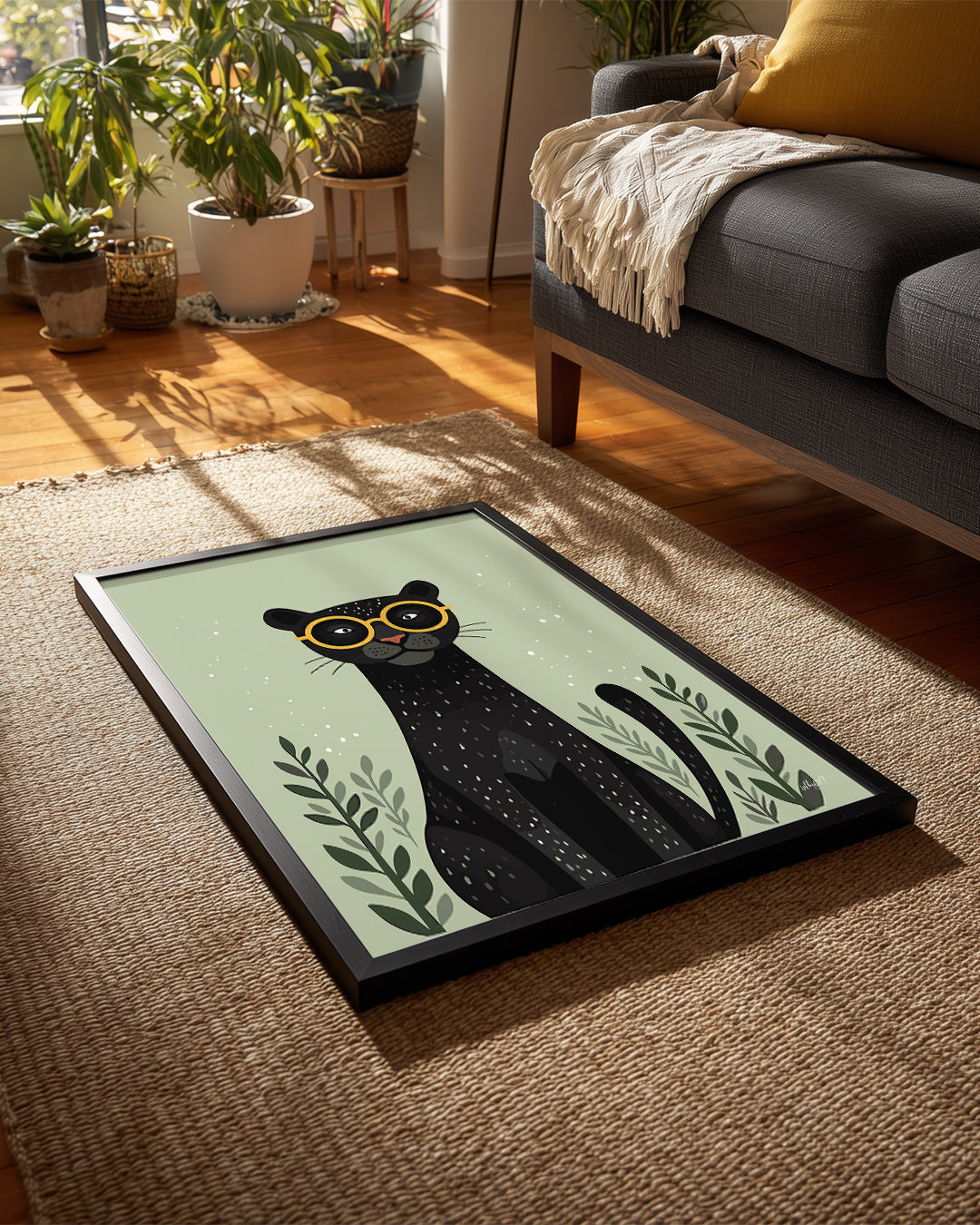 Kedi Gözlükleriyle - Şık Siyah Panter İllüstrasyonu Poster Tablosu