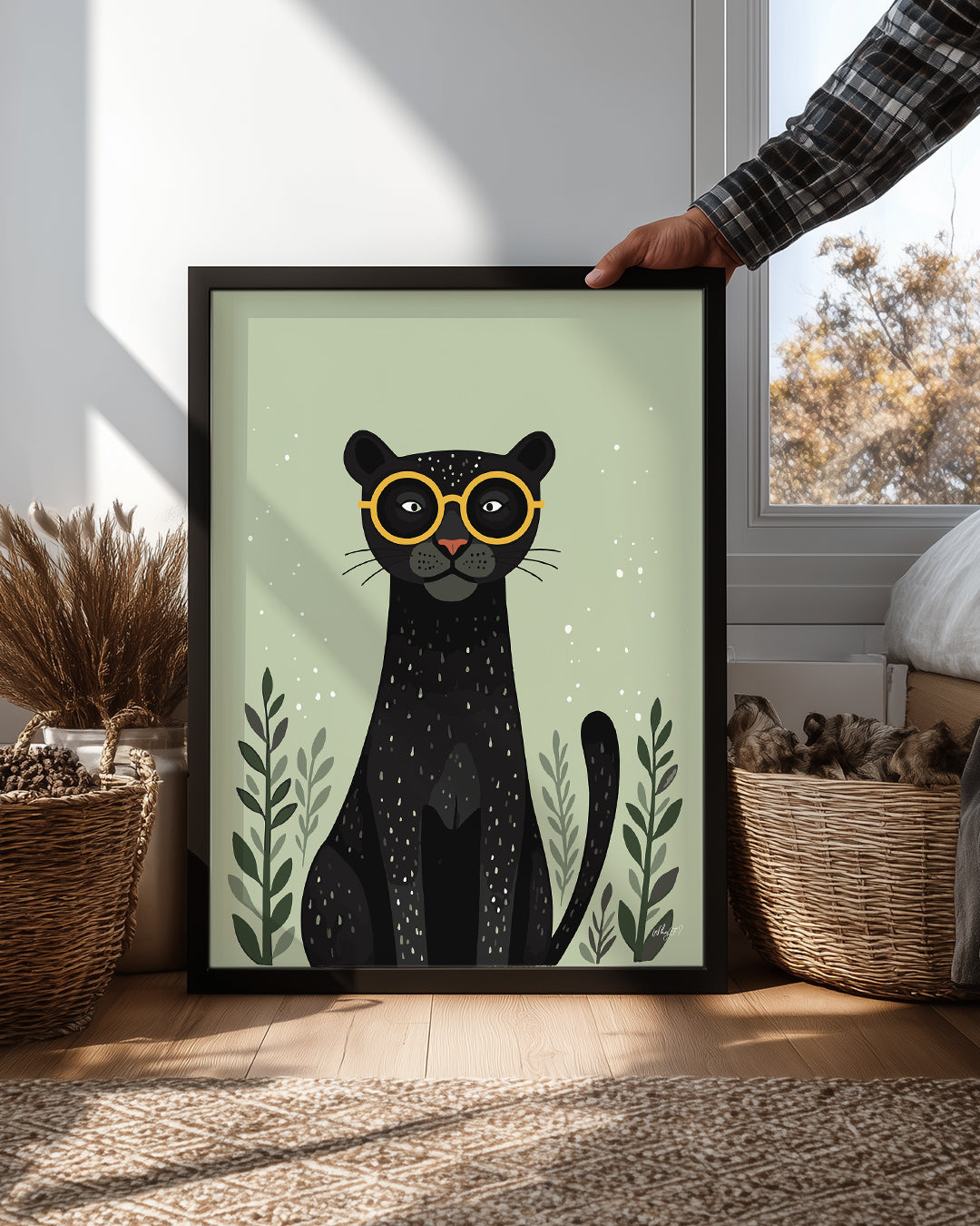 Kedi Gözlükleriyle - Şık Siyah Panter İllüstrasyonu Poster Tablosu