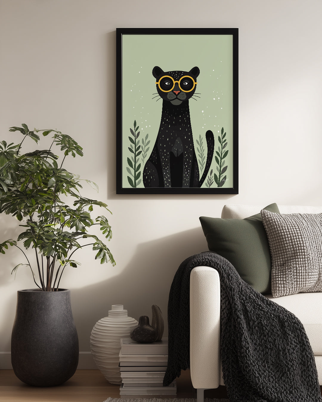 Kedi Gözlükleriyle - Şık Siyah Panter İllüstrasyonu Poster Tablosu