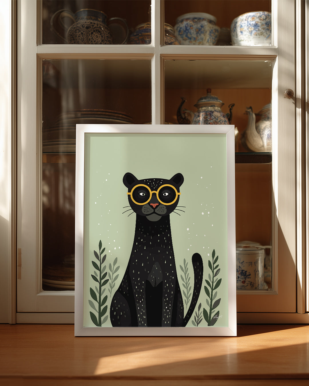 Kedi Gözlükleriyle - Şık Siyah Panter İllüstrasyonu Poster Tablosu