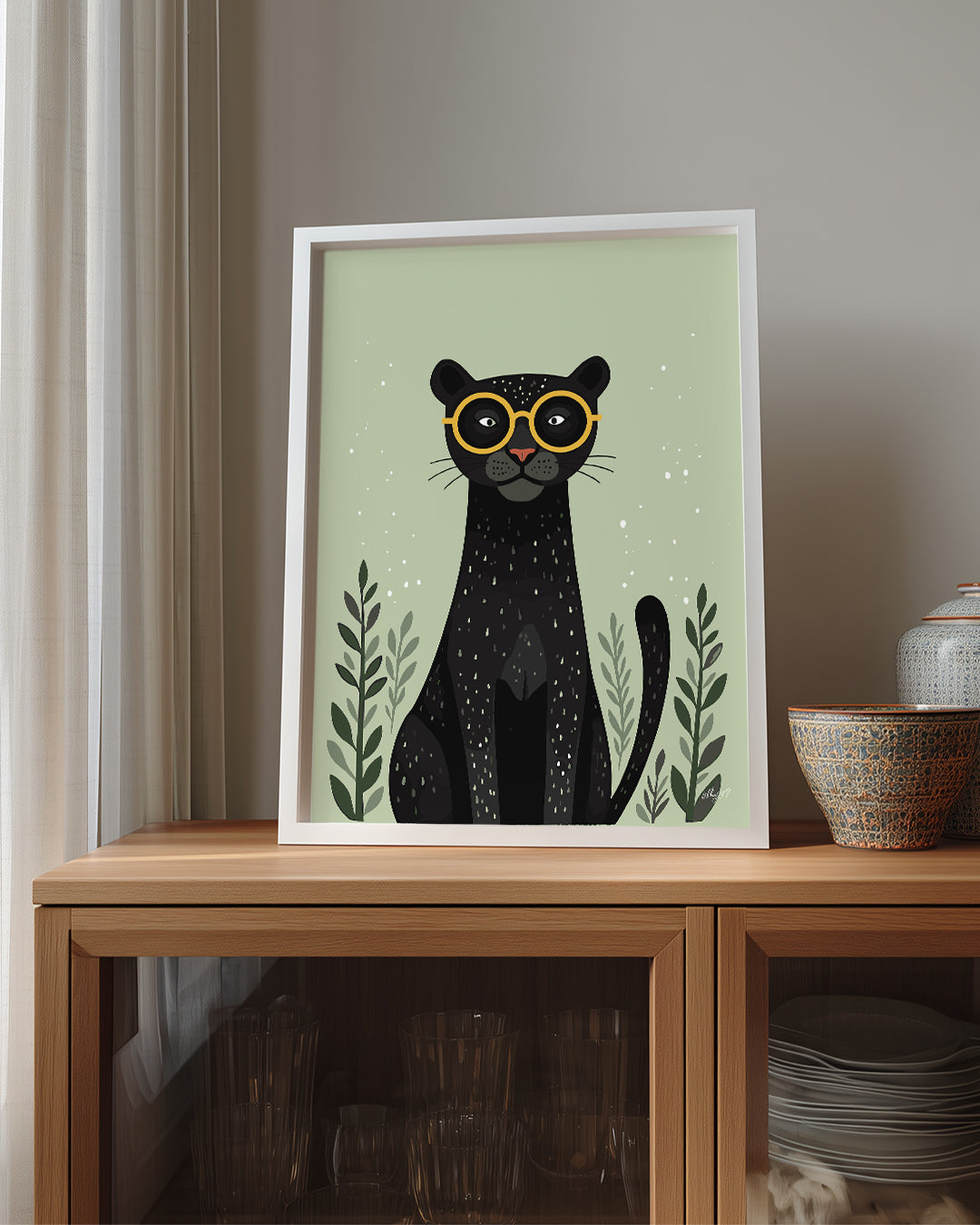 Kedi Gözlükleriyle - Şık Siyah Panter İllüstrasyonu Poster Tablosu