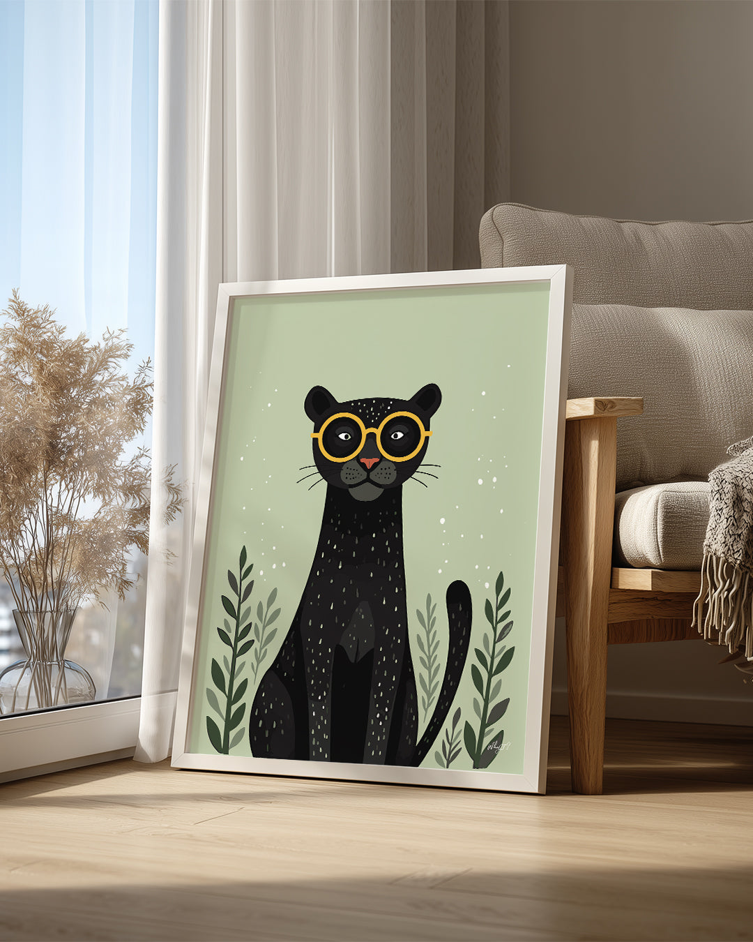 Kedi Gözlükleriyle - Şık Siyah Panter İllüstrasyonu Poster Tablosu