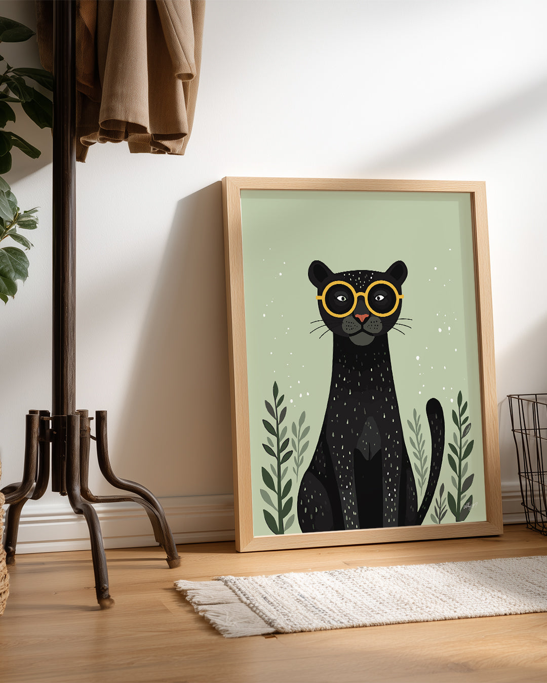 Kedi Gözlükleriyle - Şık Siyah Panter İllüstrasyonu Poster Tablosu