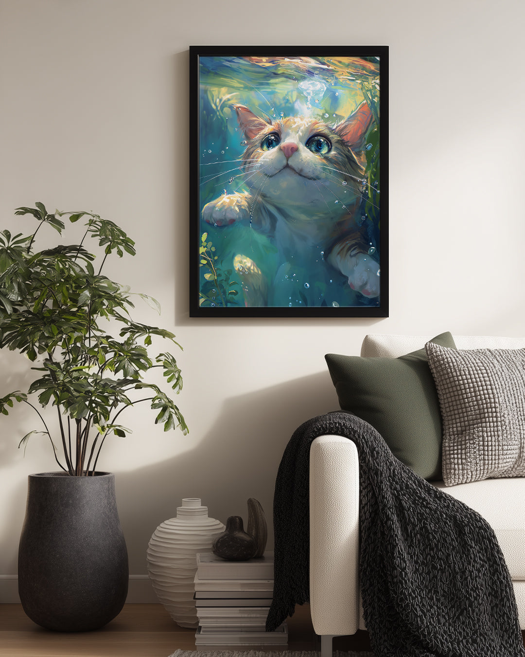 Kediler - Su Altında Meraklı Bakış Poster Tablosu