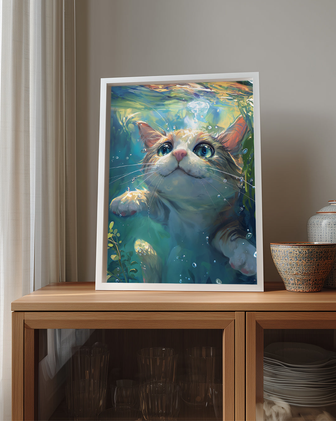 Kediler - Su Altında Meraklı Bakış Poster Tablosu