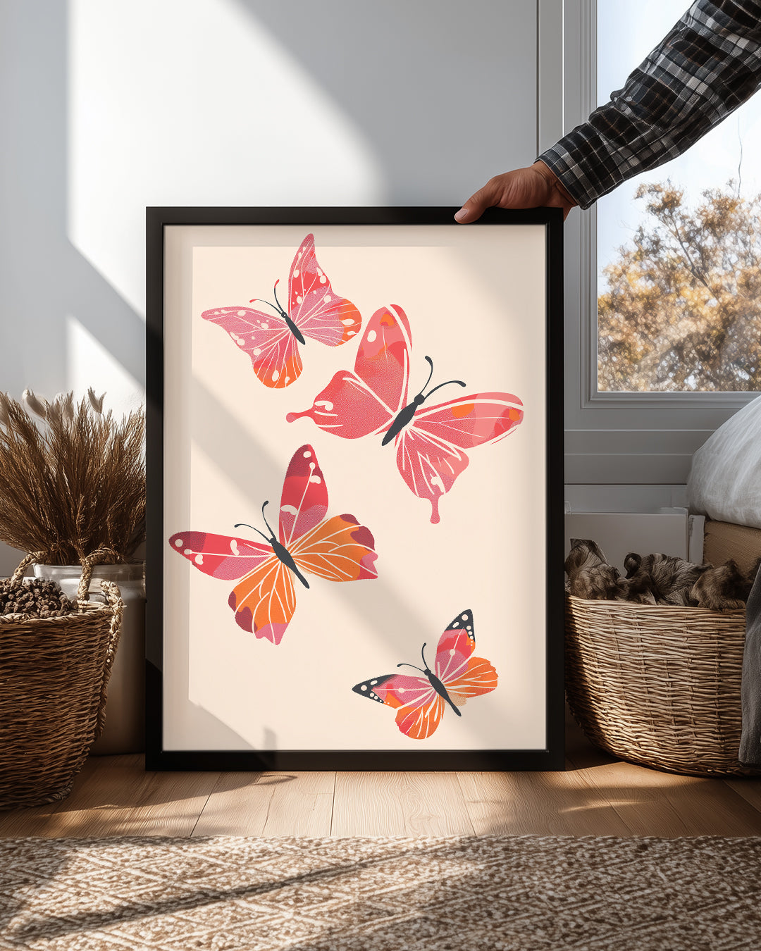Kelebek - Pembe Kanat Deseni Poster Tablosu