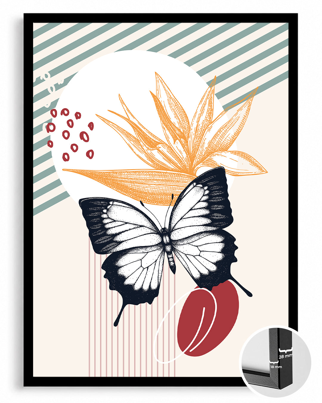 Kelebek - Siyah Beyaz Kanat Deseni Poster Tablosu