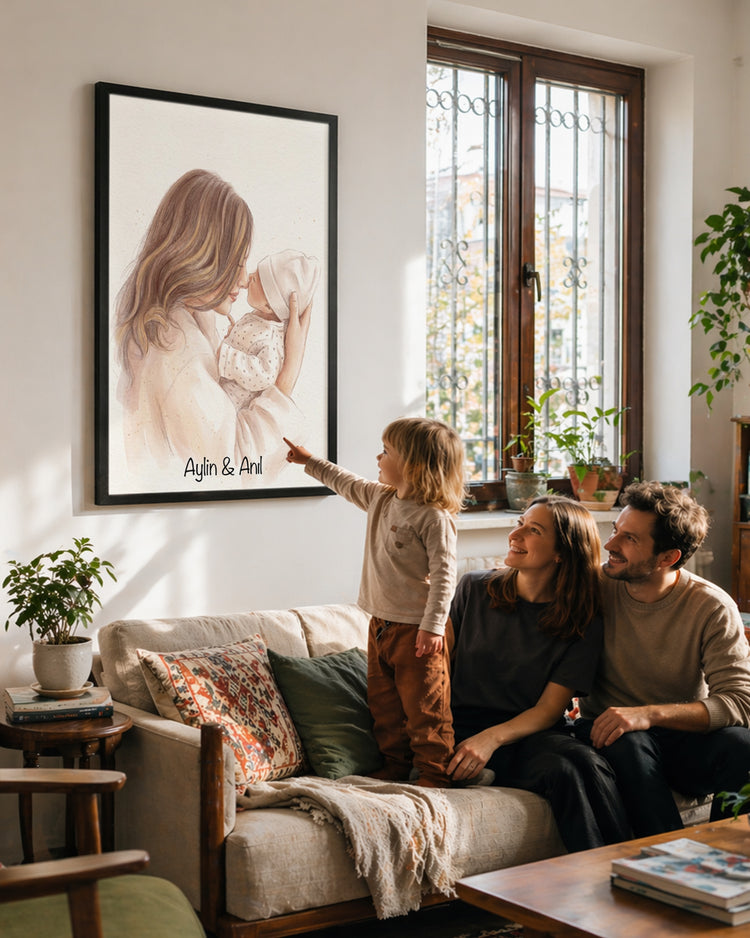 Kişiye Özel İsimli Anne Bebek Suluboya Çizim Poster Tablosu Poster Tablosu