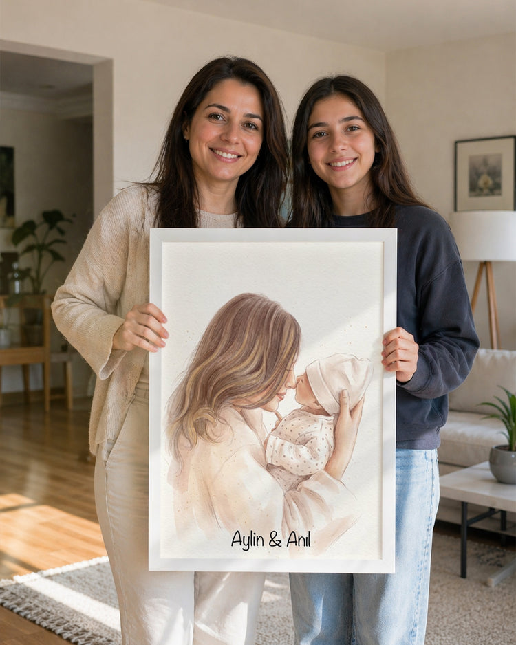 Kişiye Özel İsimli Anne Bebek Suluboya Çizim Poster Tablosu Poster Tablosu