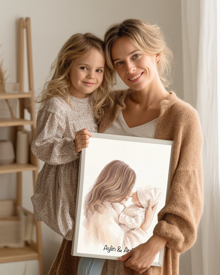 Kişiye Özel İsimli Anne Bebek Suluboya Çizim Poster Tablosu Poster Tablosu