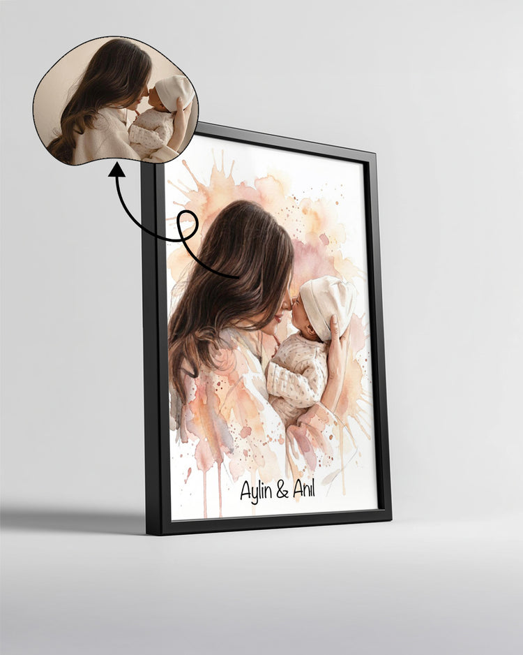 Kişiye Özel İsimli Anne Bebek Suluboya Sanat Poster Tablosu Poster Tablosu