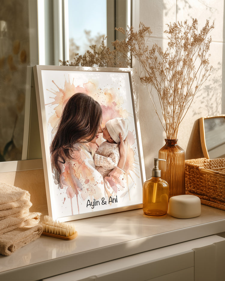 Kişiye Özel İsimli Anne Bebek Suluboya Sanat Poster Tablosu Poster Tablosu
