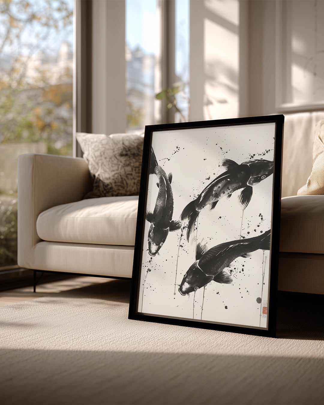 Koi Balıkları - Siyah Beyaz Fırçayla Poster Tablosu