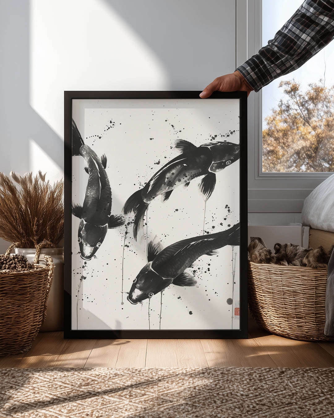 Koi Balıkları - Siyah Beyaz Fırçayla Poster Tablosu