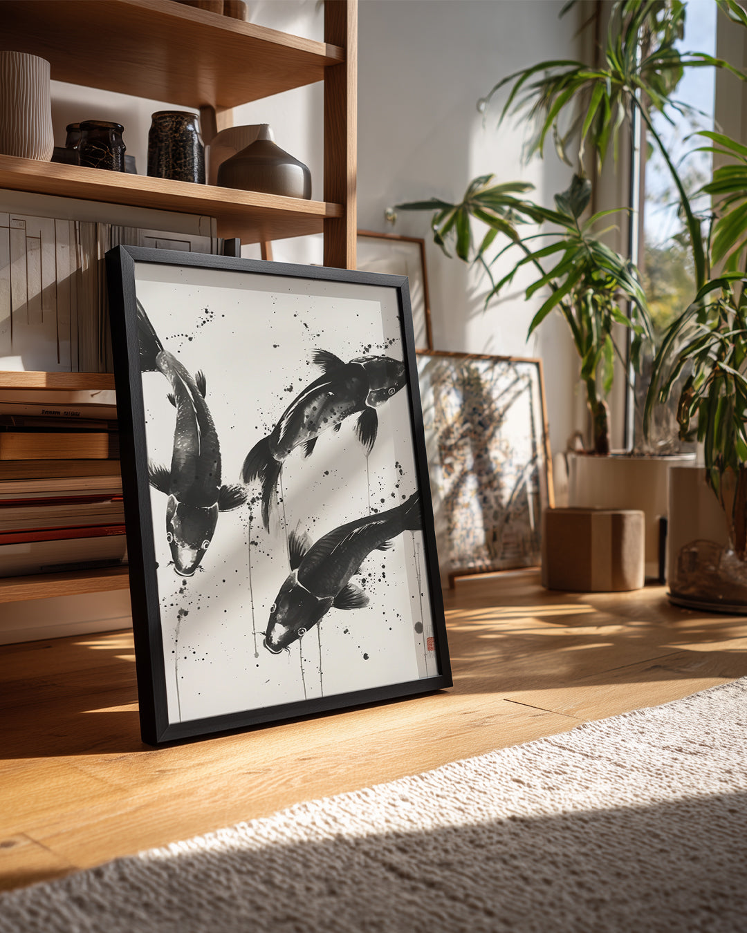 Koi Balıkları - Siyah Beyaz Fırçayla Poster Tablosu