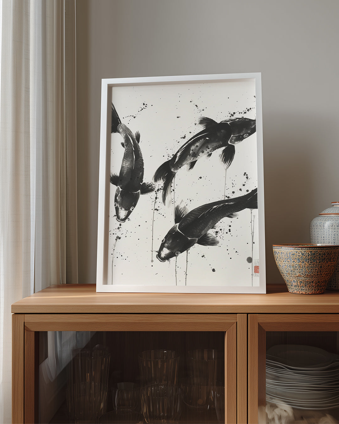 Koi Balıkları - Siyah Beyaz Fırçayla Poster Tablosu
