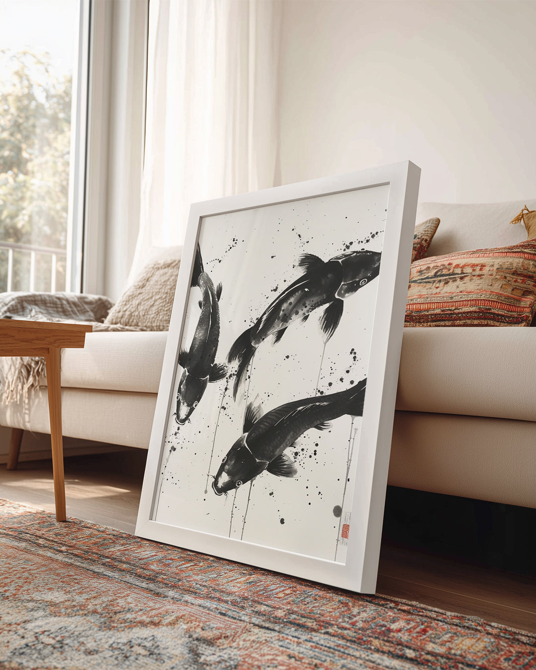 Koi Balıkları - Siyah Beyaz Fırçayla Poster Tablosu