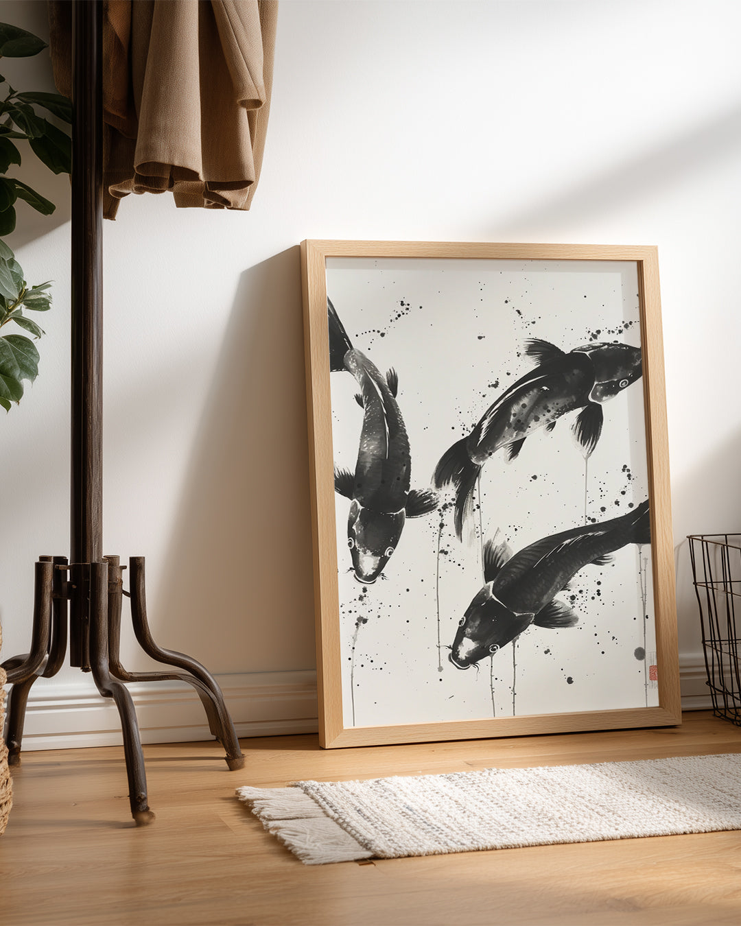 Koi Balıkları - Siyah Beyaz Fırçayla Poster Tablosu