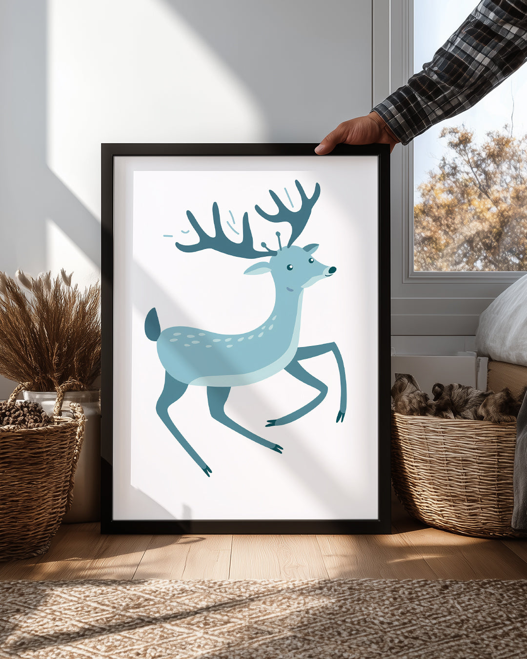 Küçük Ren Geyiği - Mavi Tonları ile Hareket Halinde Poster Tablosu
