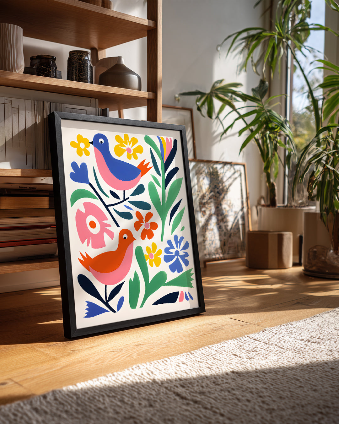 Kuş - Renkli Çiçekler Arasında Poster Tablosu
