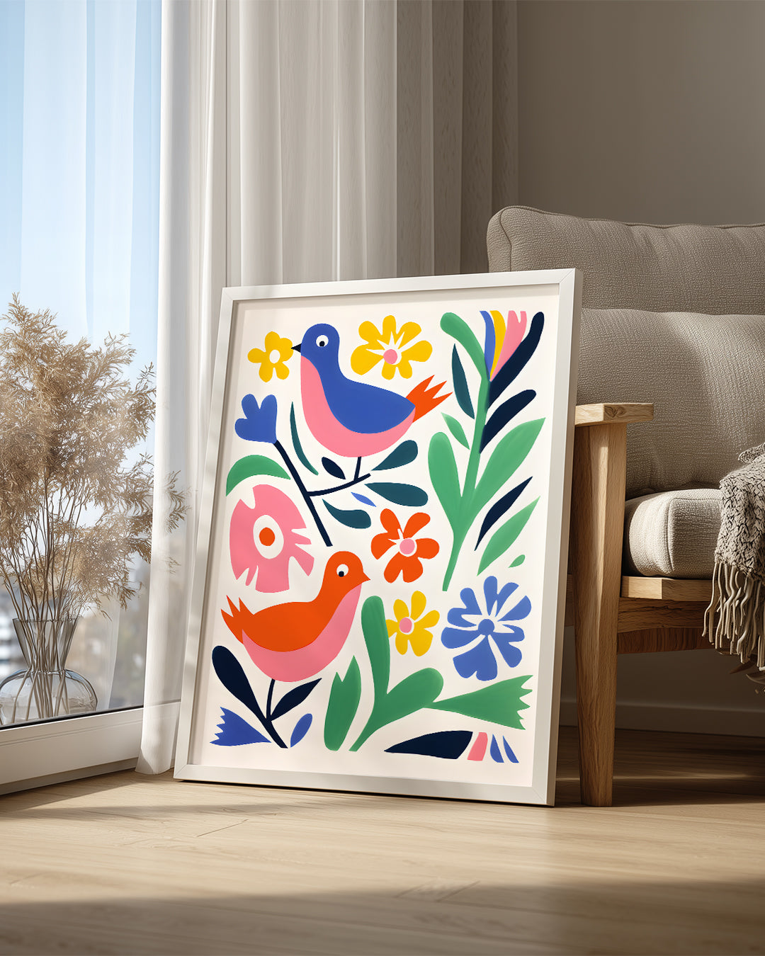 Kuş - Renkli Çiçekler Arasında Poster Tablosu
