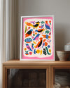 Kuş - Renkli Çizim Deseni Poster Tablosu