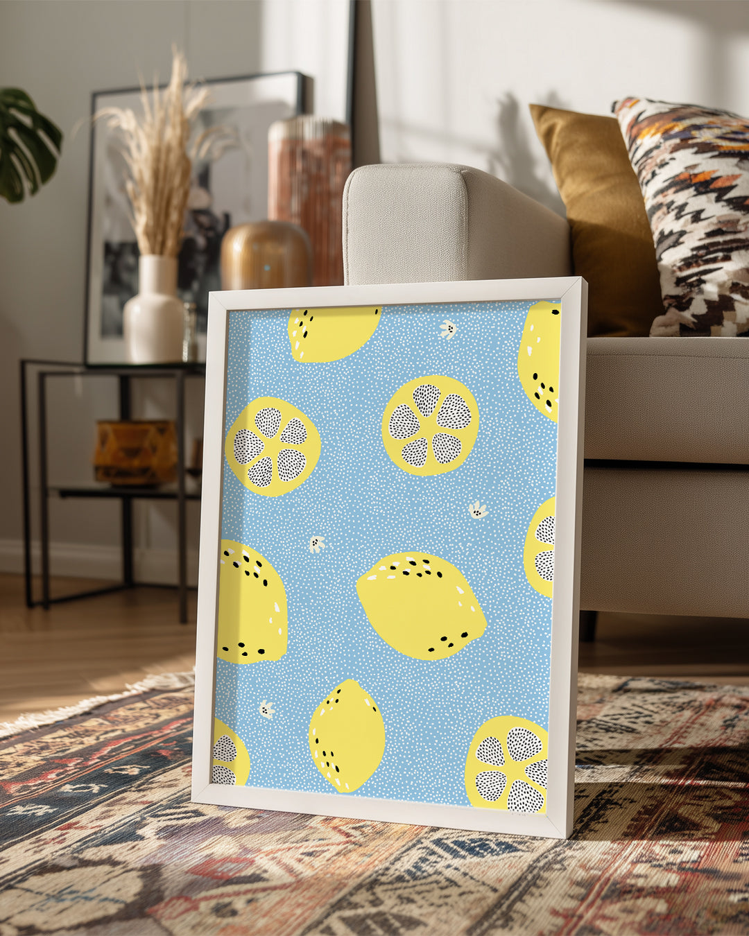 Limon Deseni - Mavi Zeminli Poster Tablosu