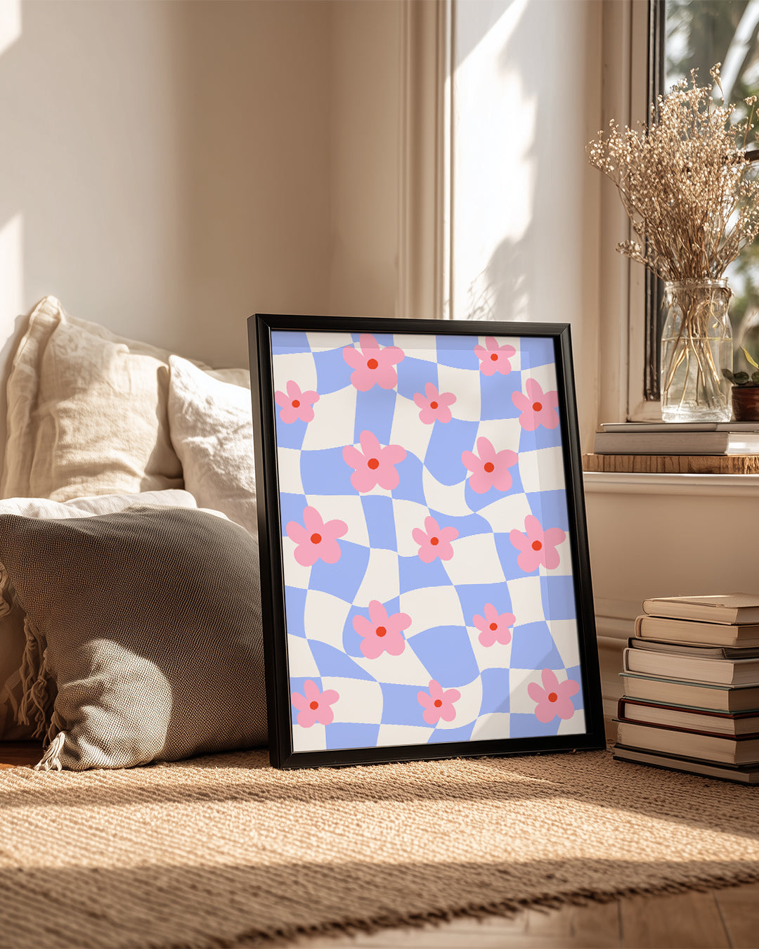 Pembe Cicekler - Dalgalı Kareler Poster Tablosu