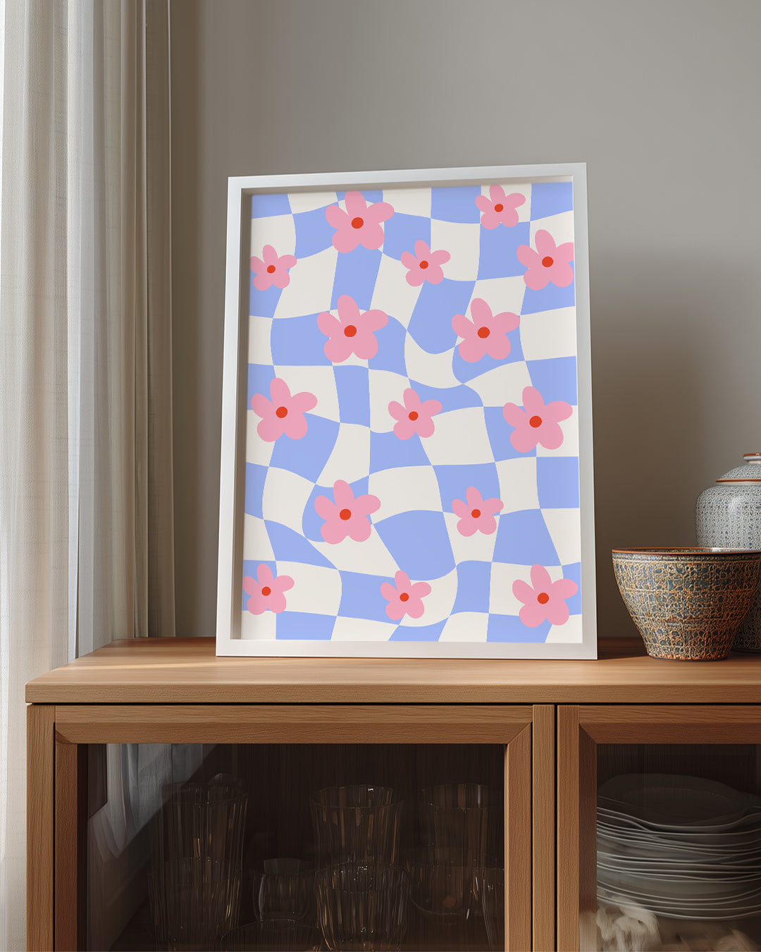 Pembe Cicekler - Dalgalı Kareler Poster Tablosu