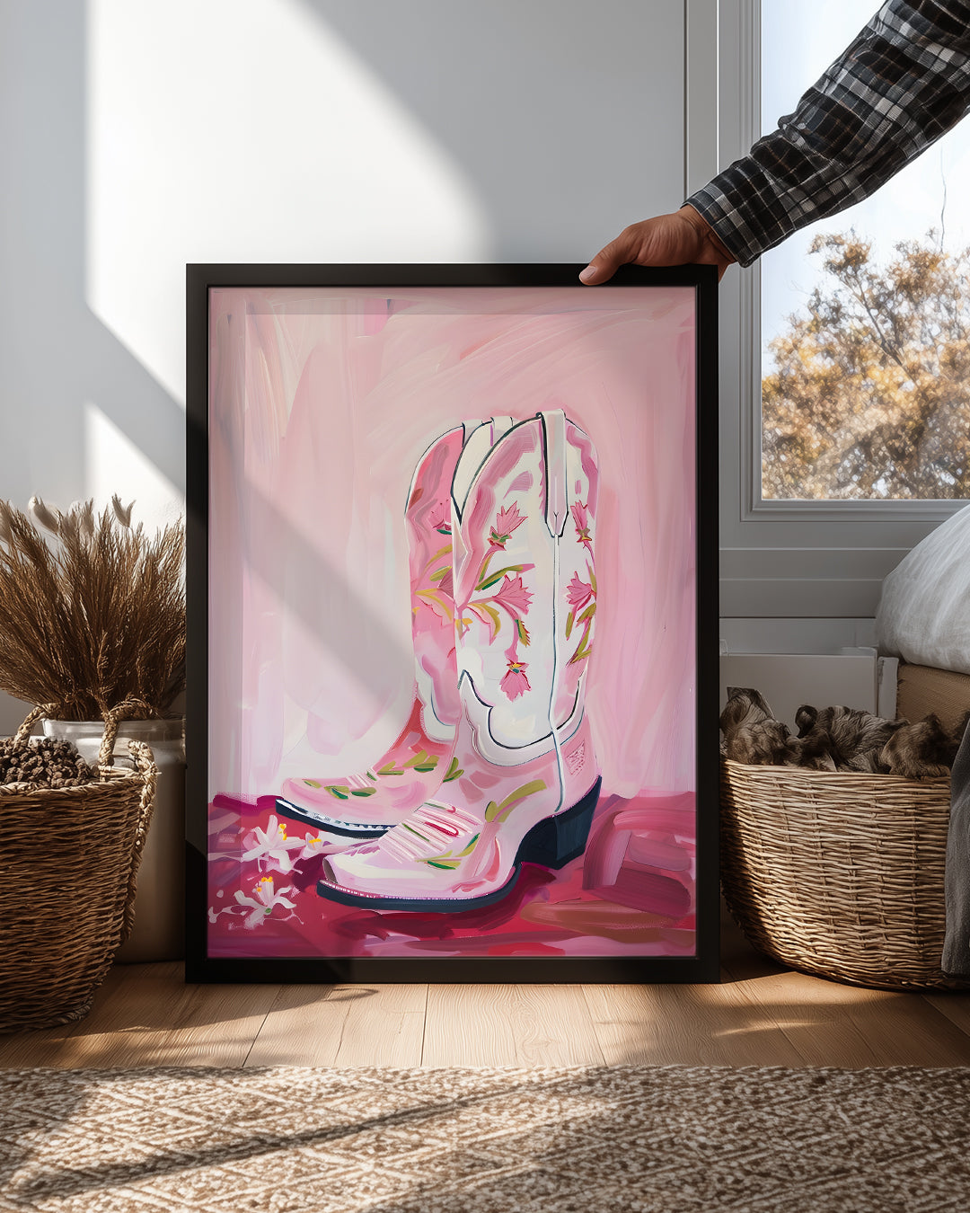 Pembe Kovboy - Çiçekli Çizme Tasarımı Poster Tablosu