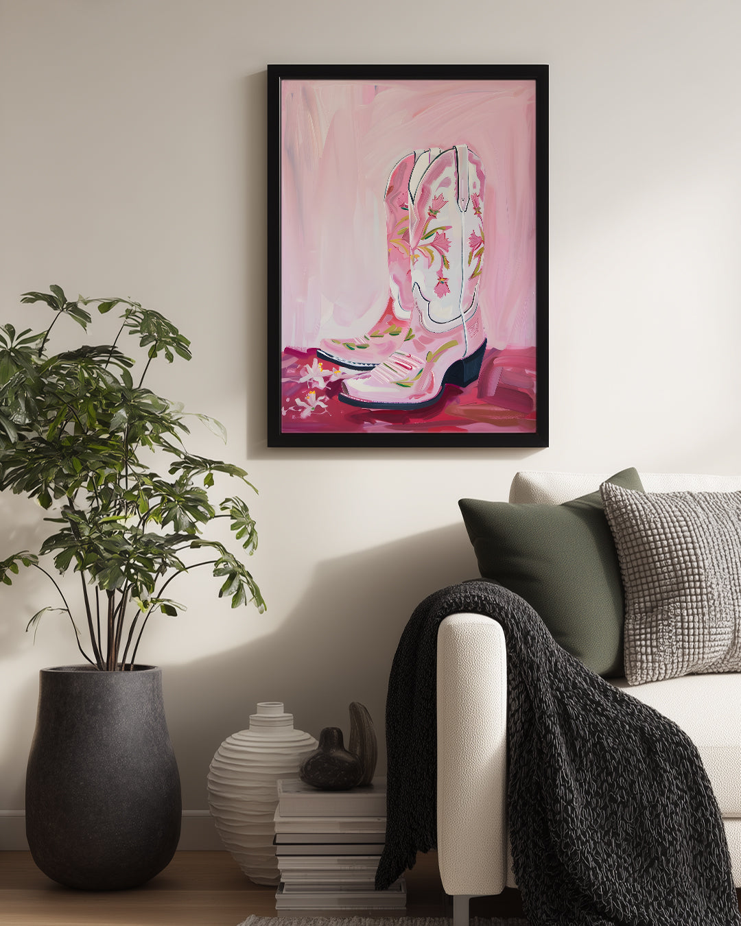 Pembe Kovboy - Çiçekli Çizme Tasarımı Poster Tablosu
