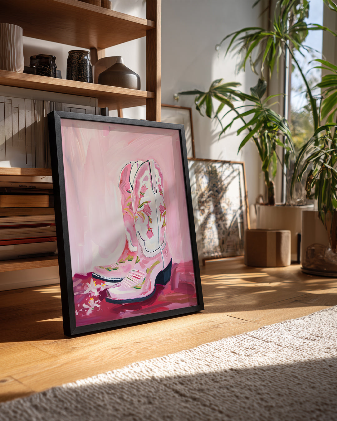 Pembe Kovboy - Çiçekli Çizme Tasarımı Poster Tablosu