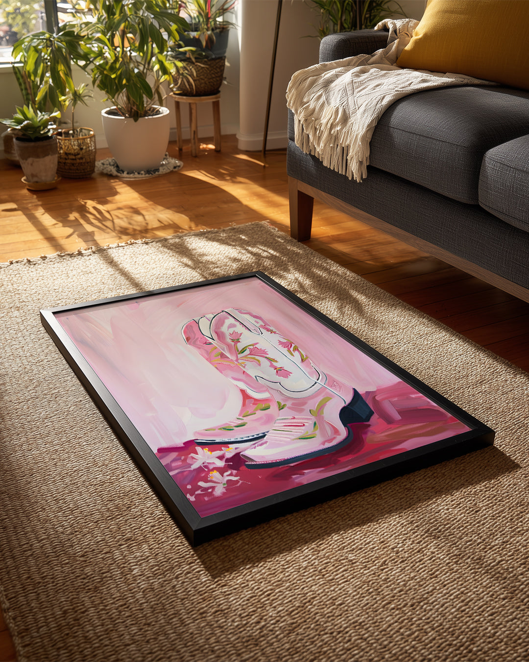 Pembe Kovboy - Çiçekli Çizme Tasarımı Poster Tablosu