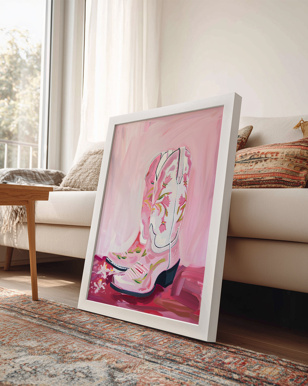 Pembe Kovboy - Çiçekli Çizme Tasarımı Poster Tablosu