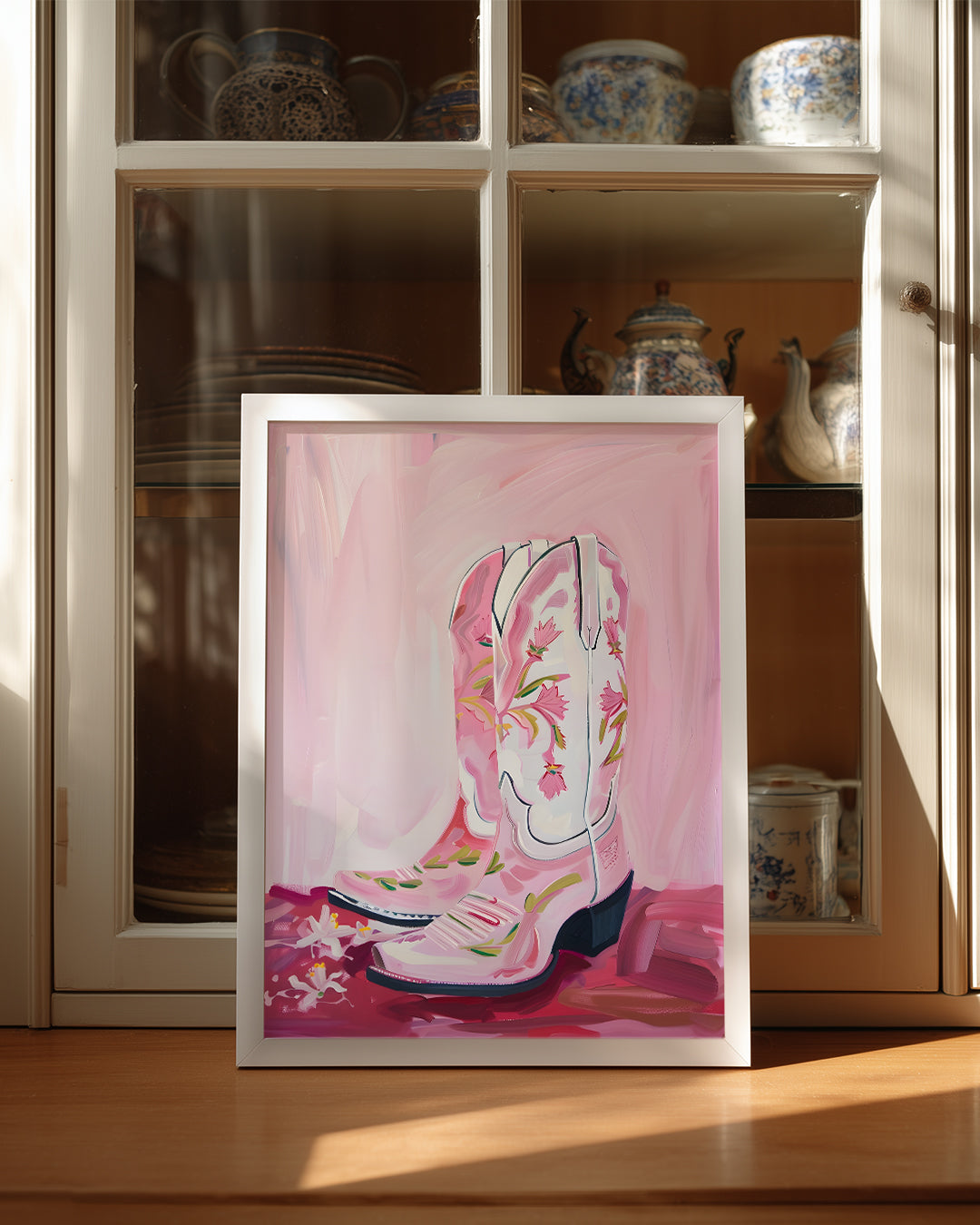 Pembe Kovboy - Çiçekli Çizme Tasarımı Poster Tablosu