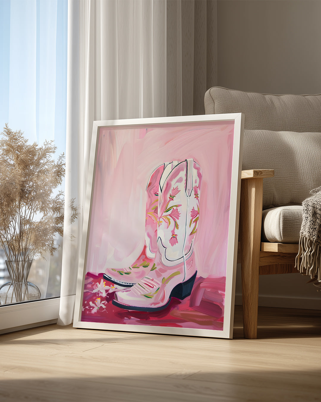 Pembe Kovboy - Çiçekli Çizme Tasarımı Poster Tablosu
