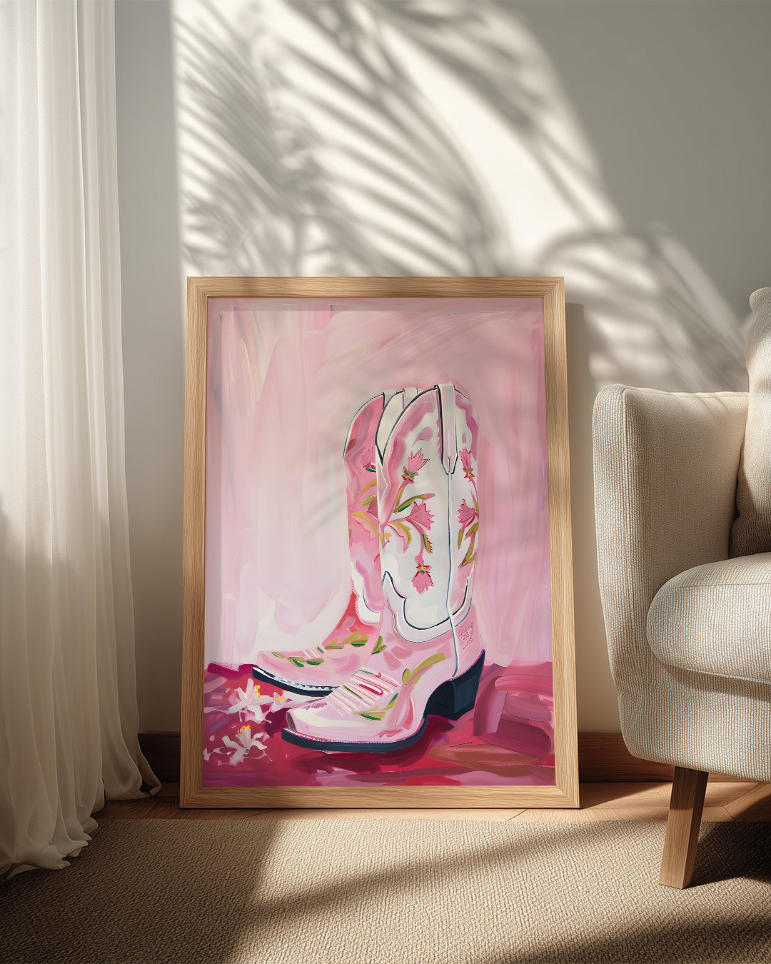 Pembe Kovboy - Çiçekli Çizme Tasarımı Poster Tablosu