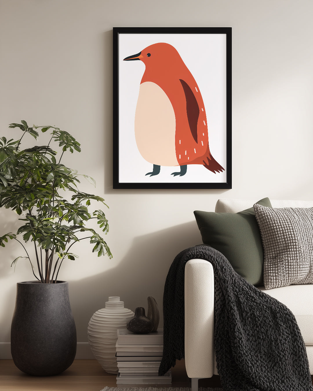Penguen - Kırmızı Tüy Deseni Poster Tablosu