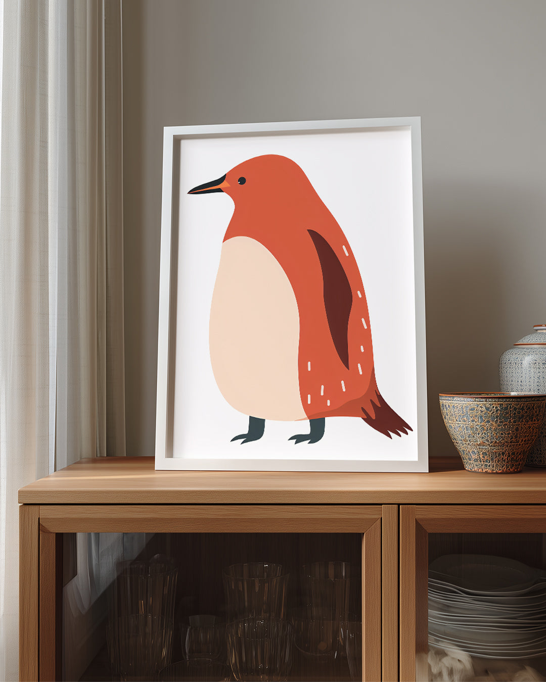 Penguen - Kırmızı Tüy Deseni Poster Tablosu