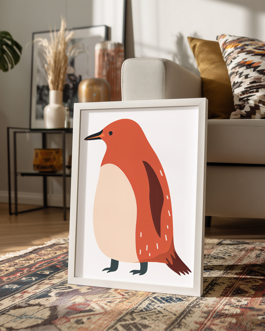 Penguen - Kırmızı Tüy Deseni Poster Tablosu