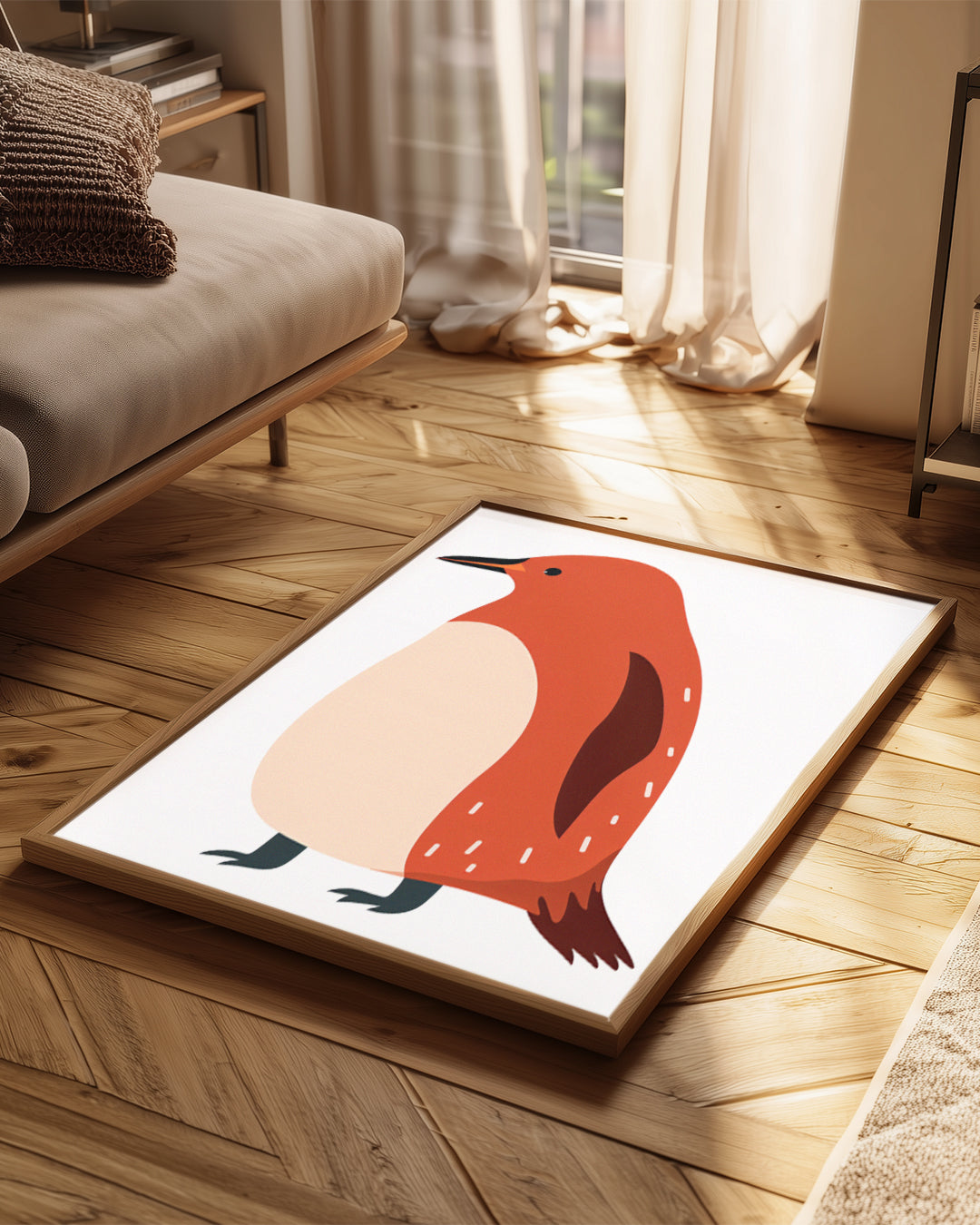 Penguen - Kırmızı Tüy Deseni Poster Tablosu