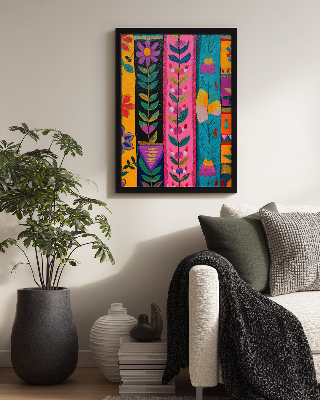 Rengarenk Çiçek Deseni - Canlı Sanat Eseri Duvar Resmi Poster Tablosu