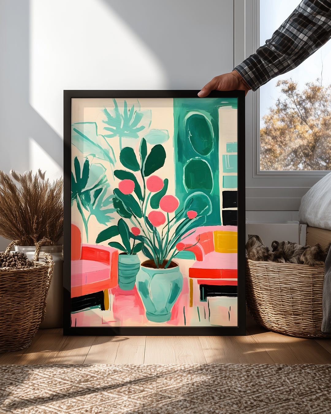 Renkli Oturma Odası - Modern Tasarım Ve Bitkilerle Doldurulmuş Poster Tablosu