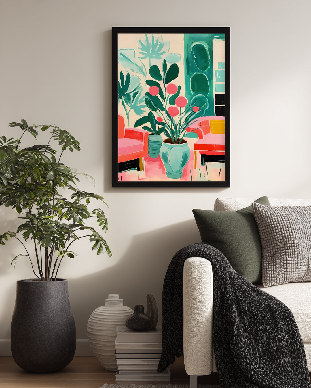 Renkli Oturma Odası - Modern Tasarım Ve Bitkilerle Doldurulmuş Poster Tablosu